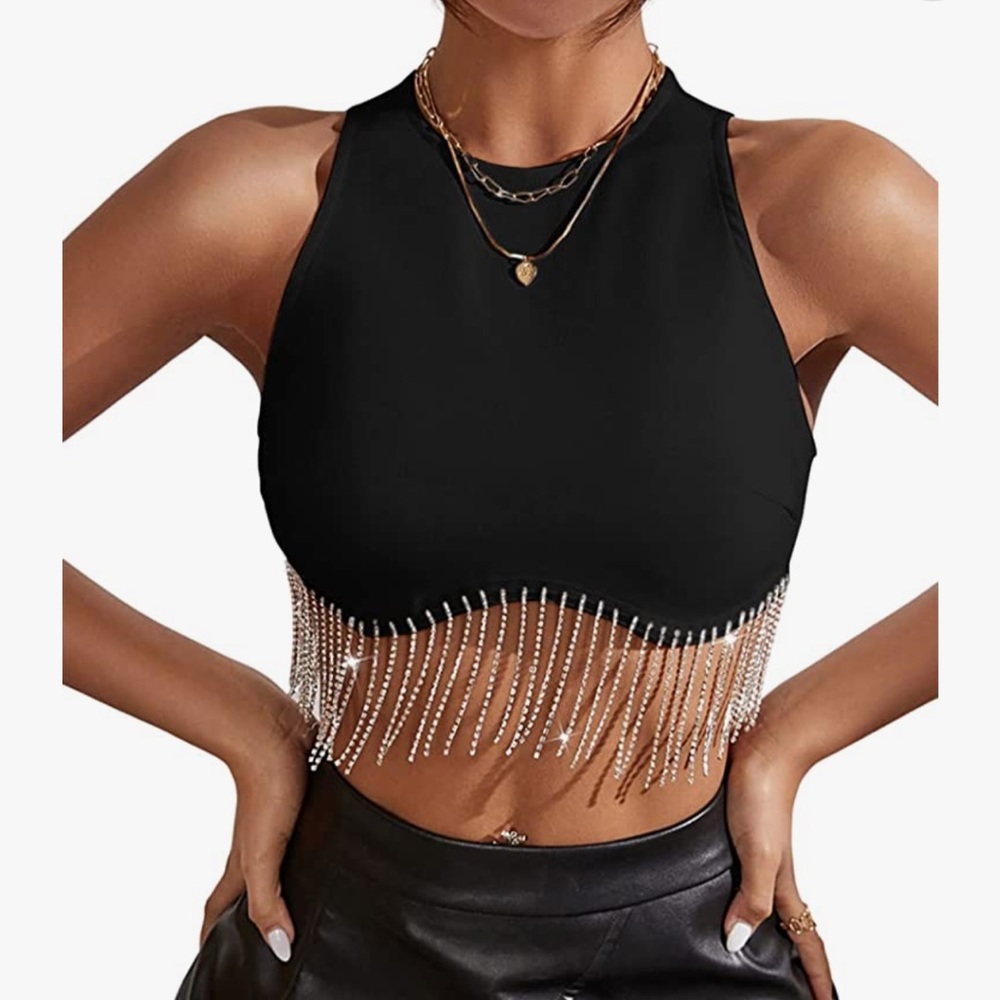 Rhinestone Fringe Zip Back Sleeveless Round Neck Crop Tank Top, Black, Size S